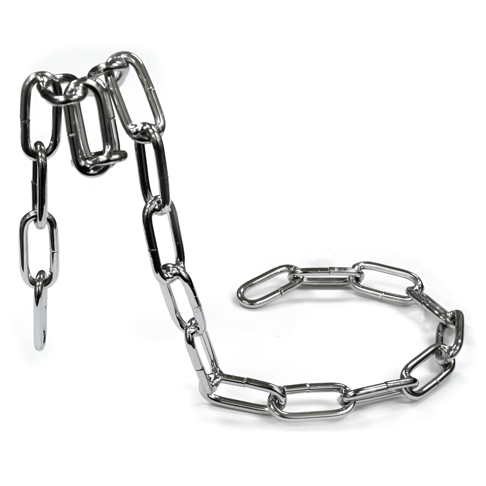 Floating Chain Wine Bottle Holder made from chrome metal chain, shown empty to display the curved balancing stand design