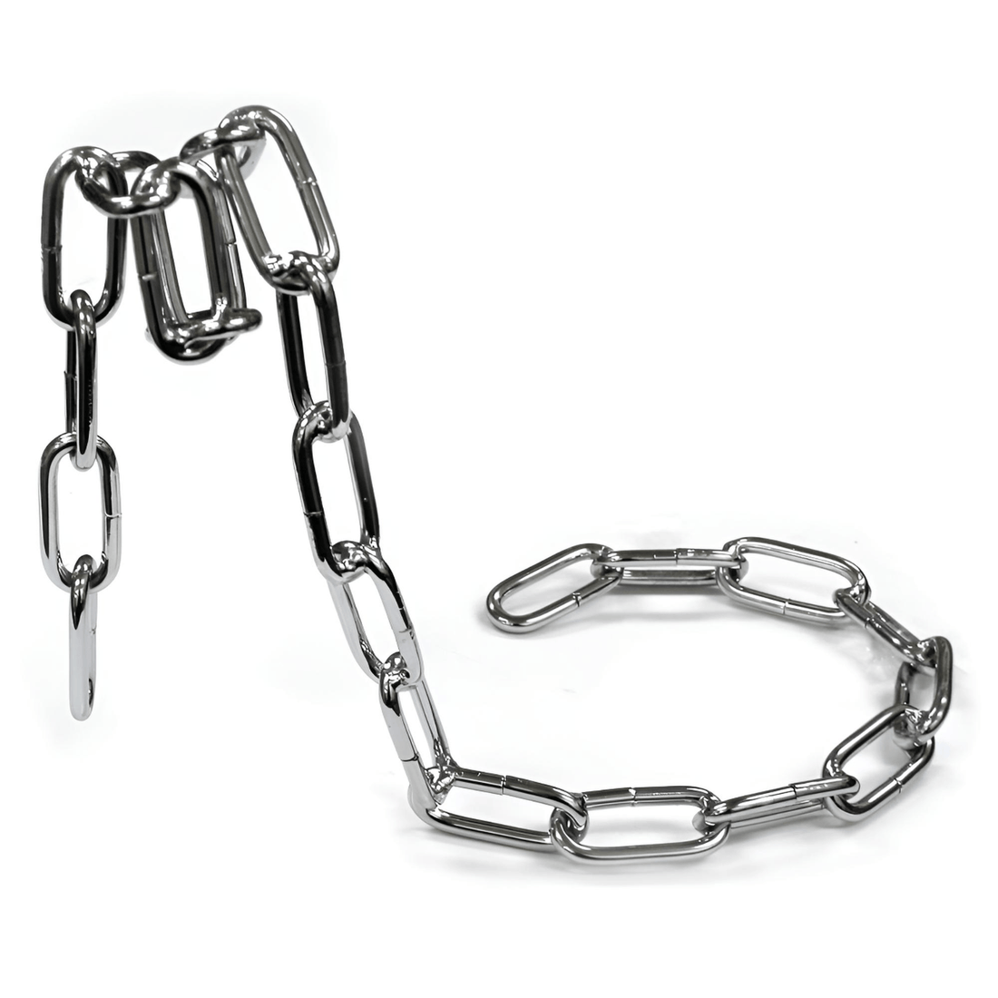 Floating Chain Wine Bottle Holder made from chrome metal chain, shown empty to display the curved balancing stand design