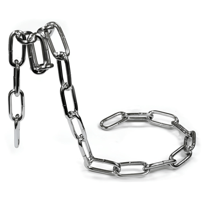 Floating Chain Wine Bottle Holder made from chrome metal chain, shown empty to display the curved balancing stand design