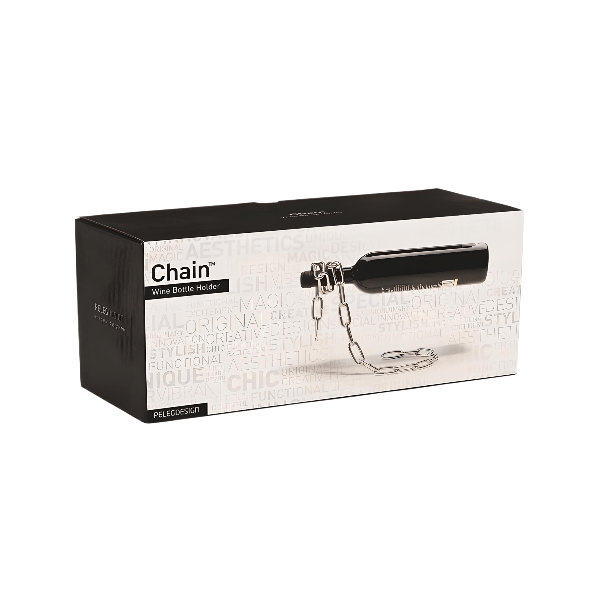 Floating Chain Wine Bottle Holder retail gift box showing the chrome chain illusion stand supporting a standard wine bottle