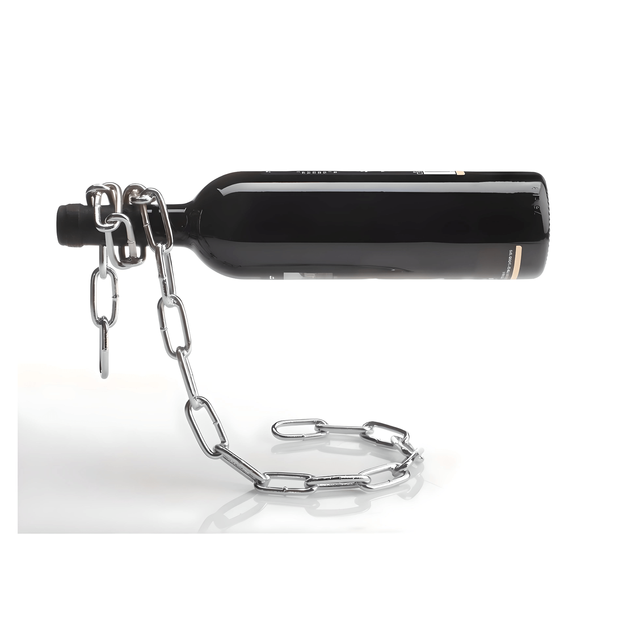 Floating Chain Wine Bottle Holder displaying a standard wine bottle in a suspended metal chain illusion stand