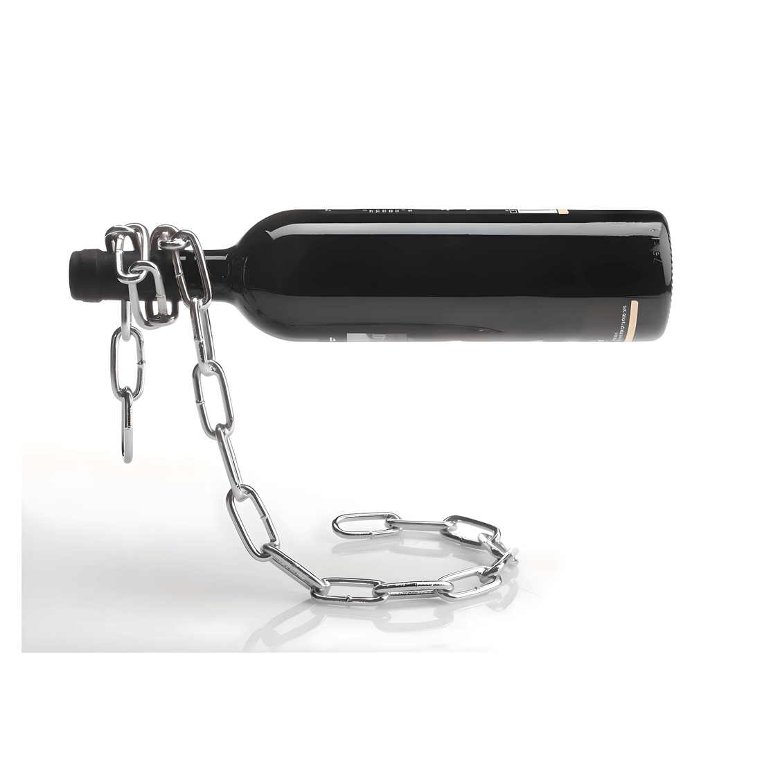 Floating Chain Wine Bottle Holder displaying a standard wine bottle in a suspended metal chain illusion stand