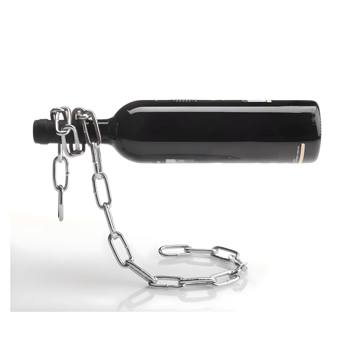 Floating Chain Wine Bottle Holder displaying a standard wine bottle in a suspended metal chain illusion stand