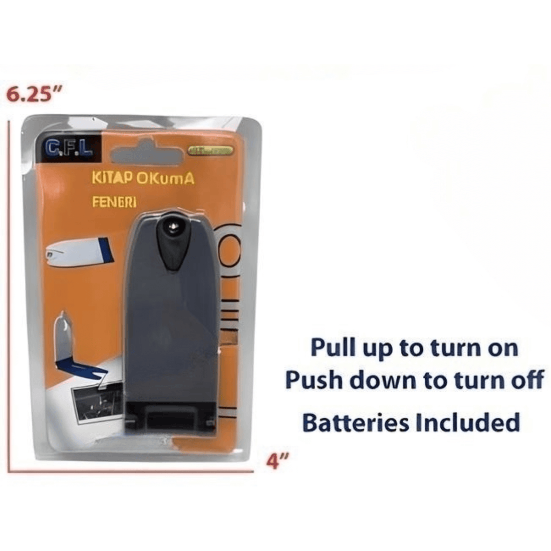 Foldable LED book light packaging showing pull-up to turn on, push-down to turn off, with batteries included.