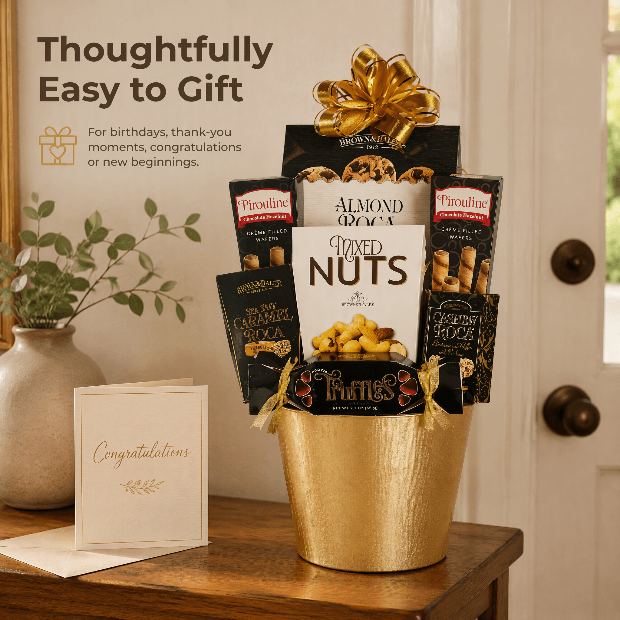 Golden Pot Gift Basket featuring assorted gourmet treats in a decorative golden pot.