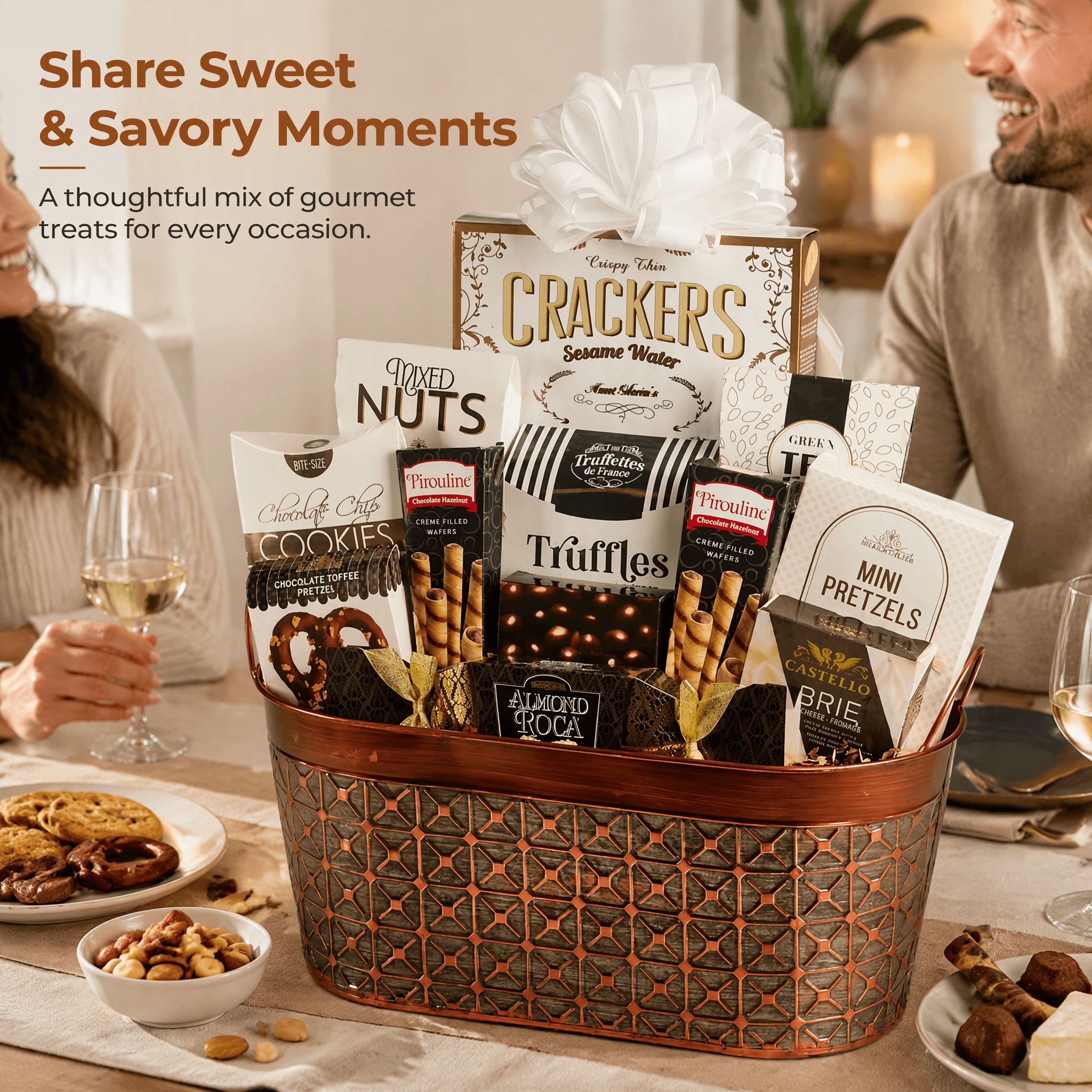 Luxe Crunch Gourmet Gift Basket featuring rich chocolate truffles, brie cheese, and gourmet crackers for special occasions.