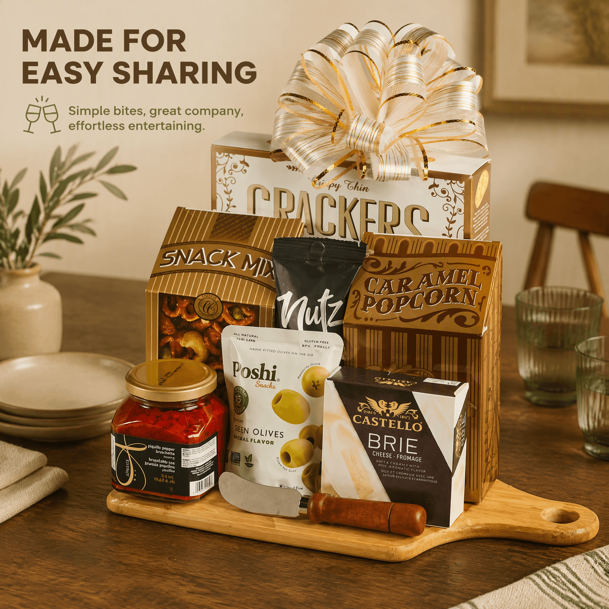 Epicurean Delight Gourmet Gift Basket with assorted snacks, cheese, and popcorn, beautifully arranged for sharing.