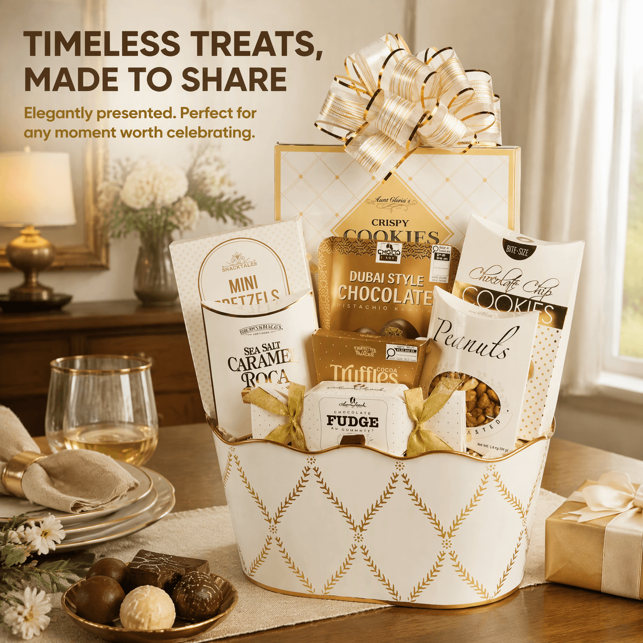 White Majesty Gourmet Gift Basket featuring pretzels, chocolates, cookies, and more in elegant presentation.