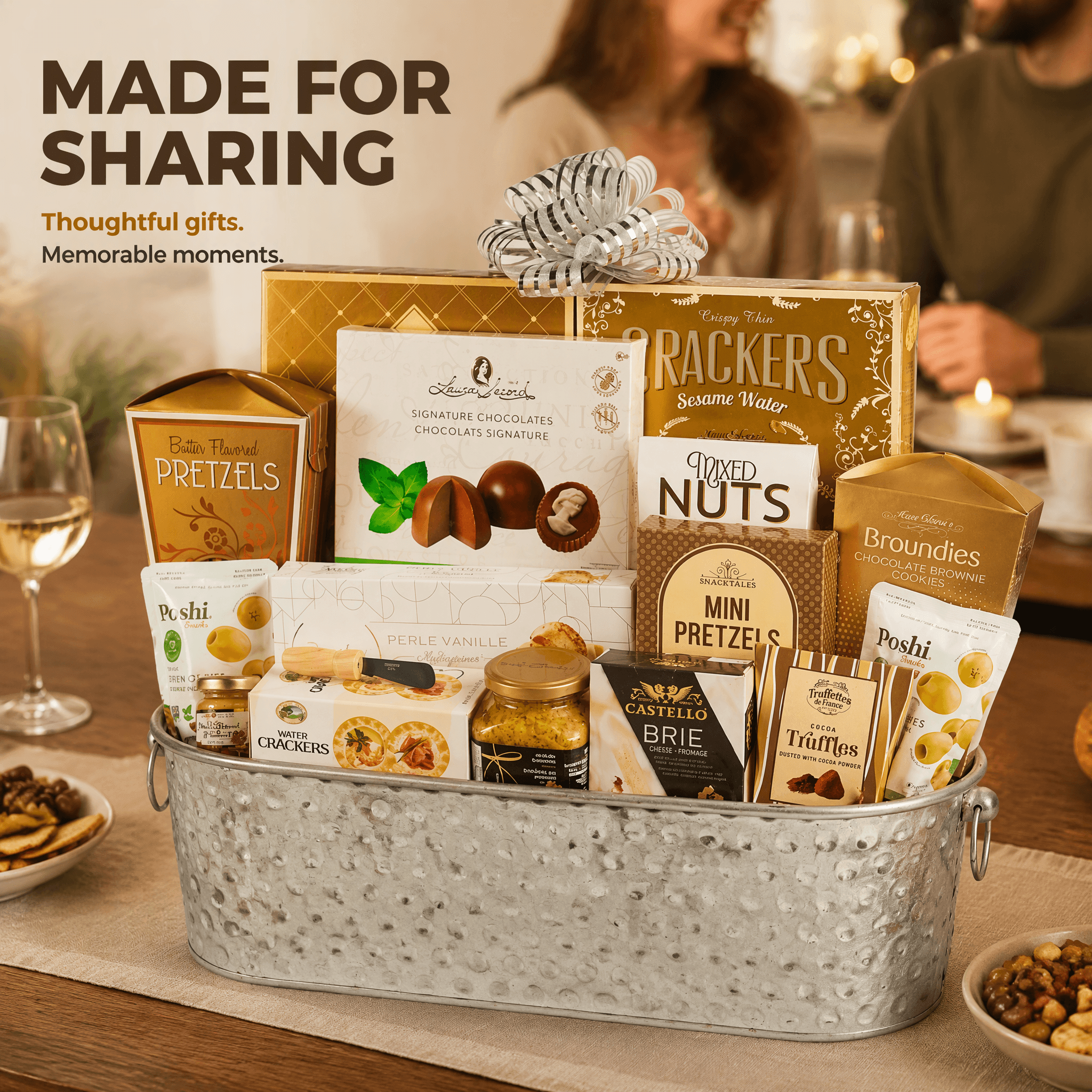 Bucketful of Gourmet Gift Basket featuring assorted treats in a reusable silver bucket for sharing.
