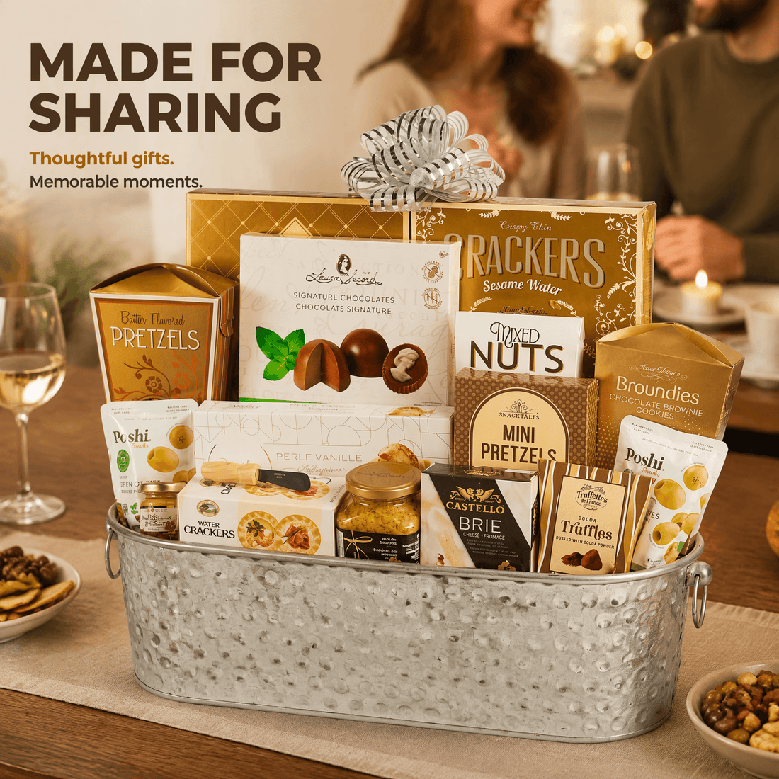 Bucketful of Gourmet Gift Basket featuring assorted treats in a reusable silver bucket for sharing.