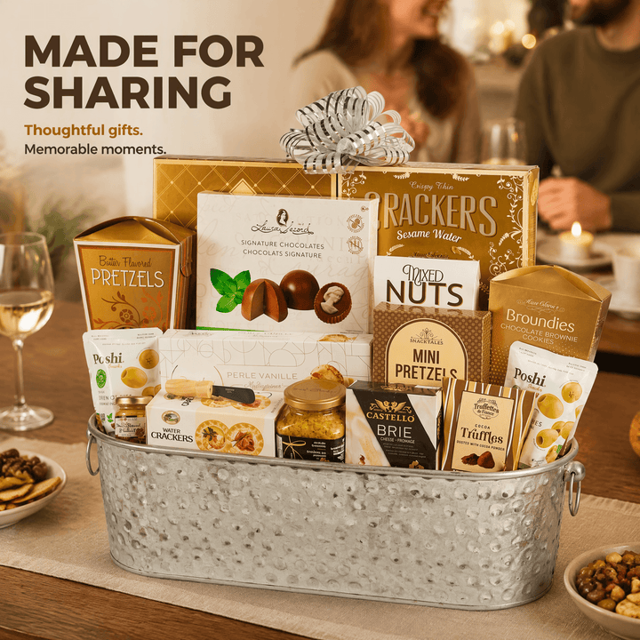 Bucketful of Gourmet Gift Basket featuring assorted treats in a reusable silver bucket for sharing.