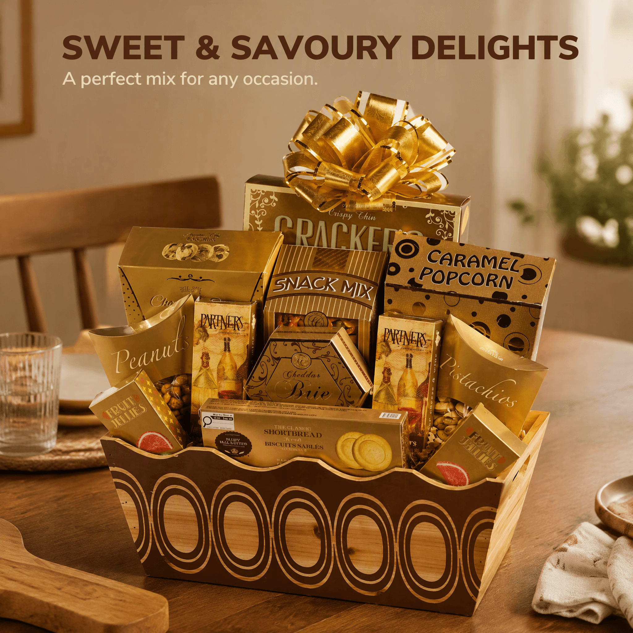 Woodland Gourmet Gift Basket filled with sweet and savoury delights, perfect for any occasion.