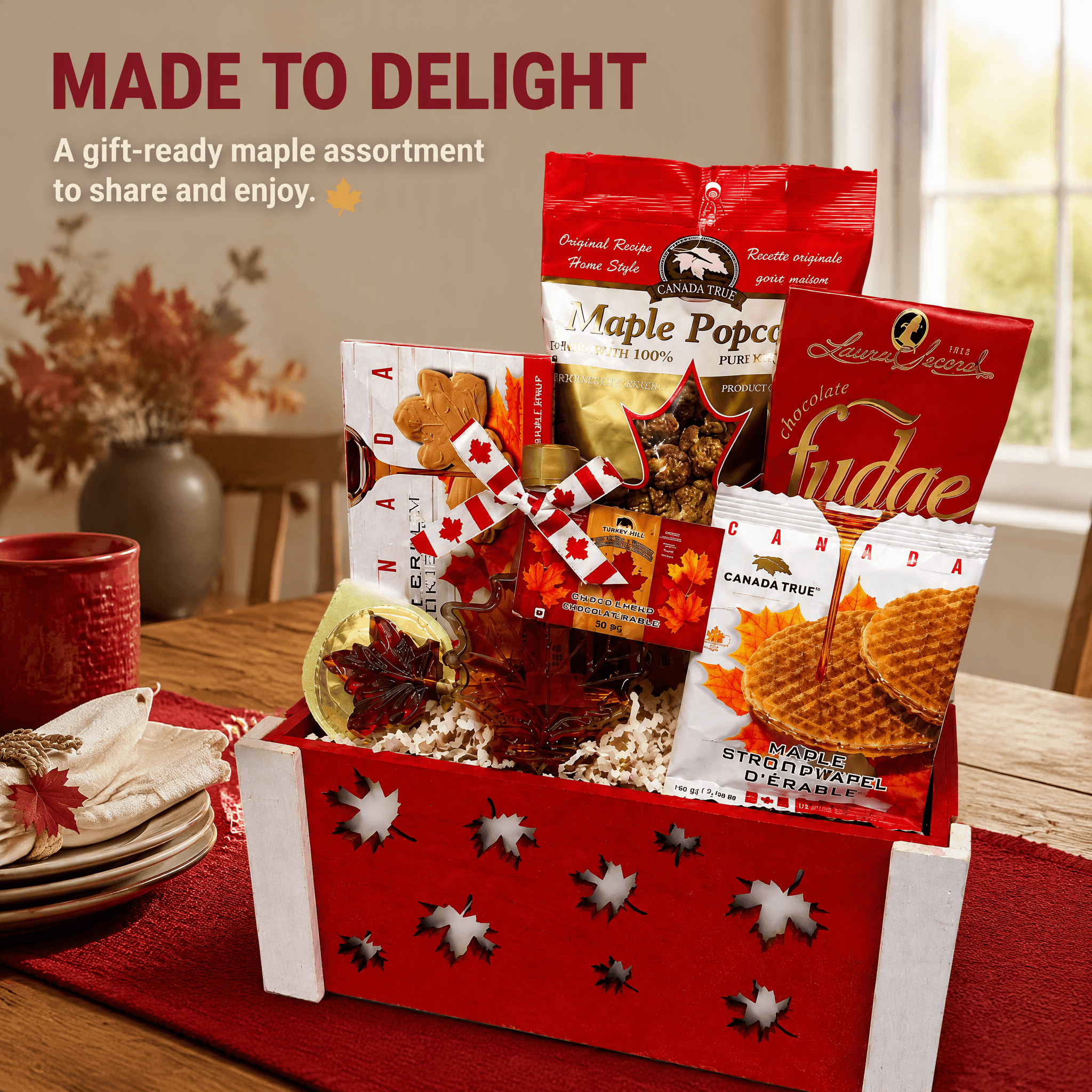 Canadiana Small Gift Basket featuring a delightful assortment of Canadian maple treats and sweets in a gift-ready box.