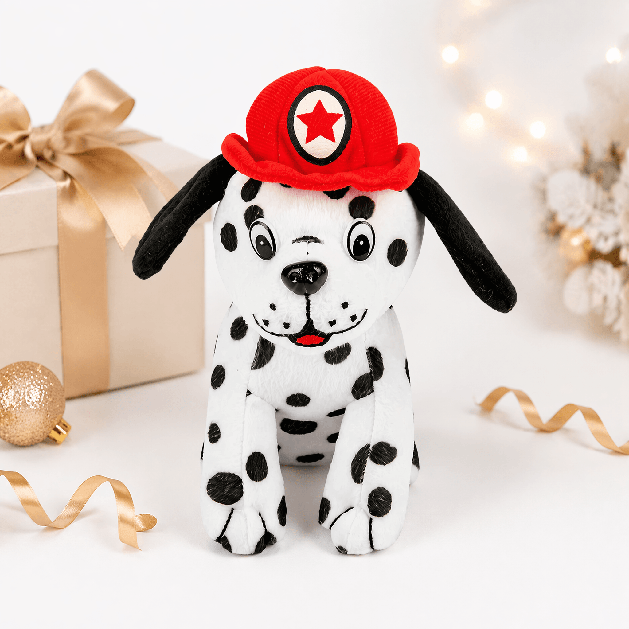 Firefighter Dalmatian Plush 7" wearing a red fire hat, perfect for gifts and fun decor.