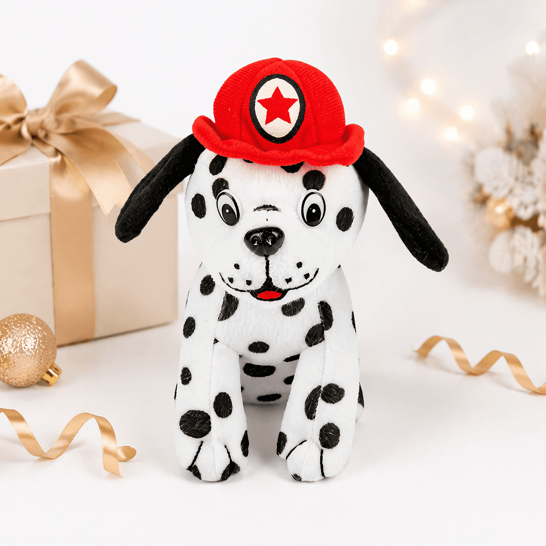 Firefighter Dalmatian Plush 7" wearing a red fire hat, perfect for gifts and fun decor.