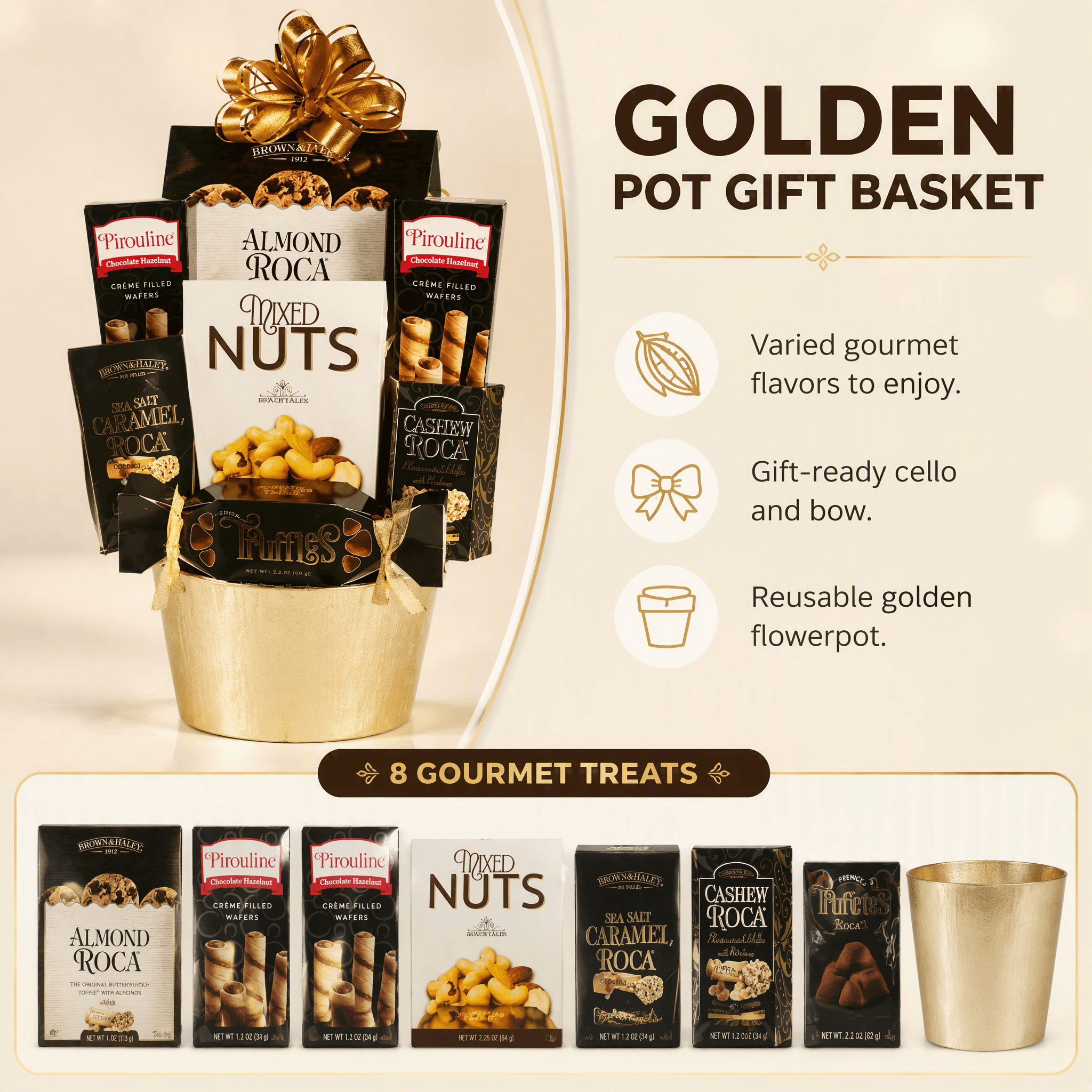 Golden Pot Gift Basket with assorted gourmet treats, elegantly arranged in a reusable golden flowerpot.