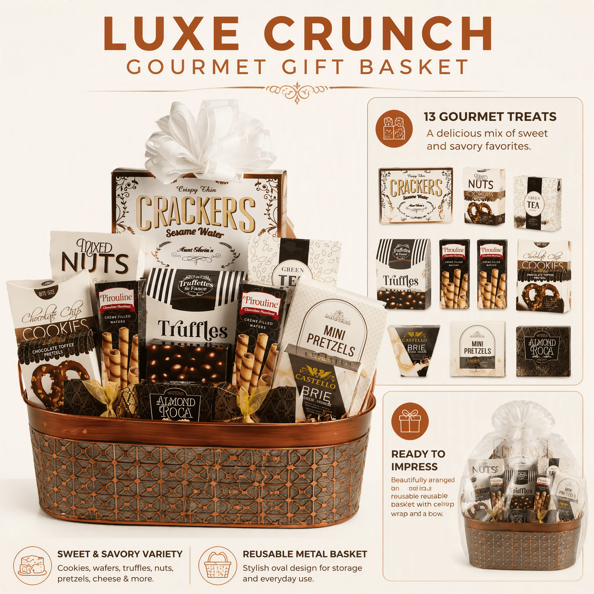 Luxe Crunch Gourmet Gift Basket featuring sweet and savory treats like brie cheese, cookies, and truffles.