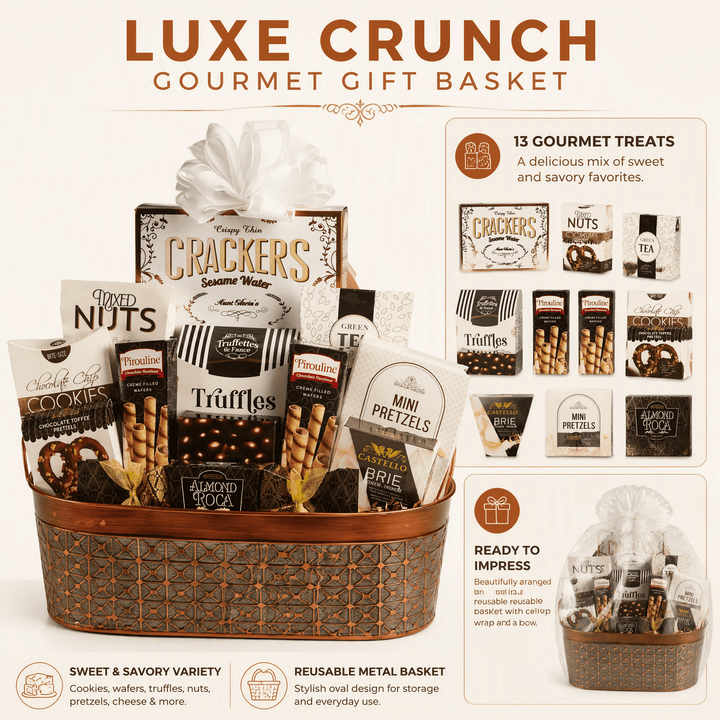 Luxe Crunch Gourmet Gift Basket featuring sweet and savory treats like brie cheese, cookies, and truffles.
