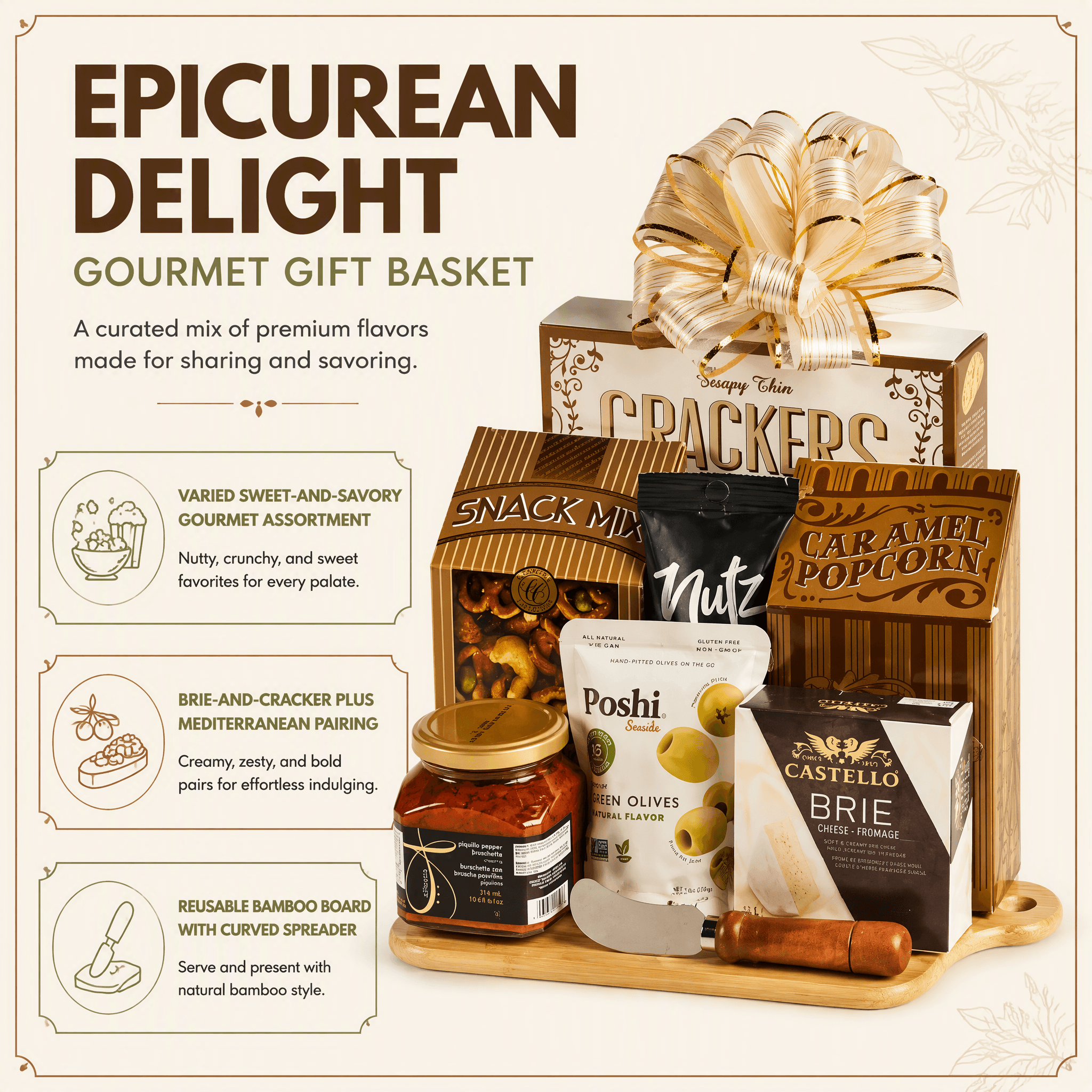 Epicurean Delight Gourmet Gift Basket featuring snacks, cheese, caramel popcorn, and a bamboo cutting board.