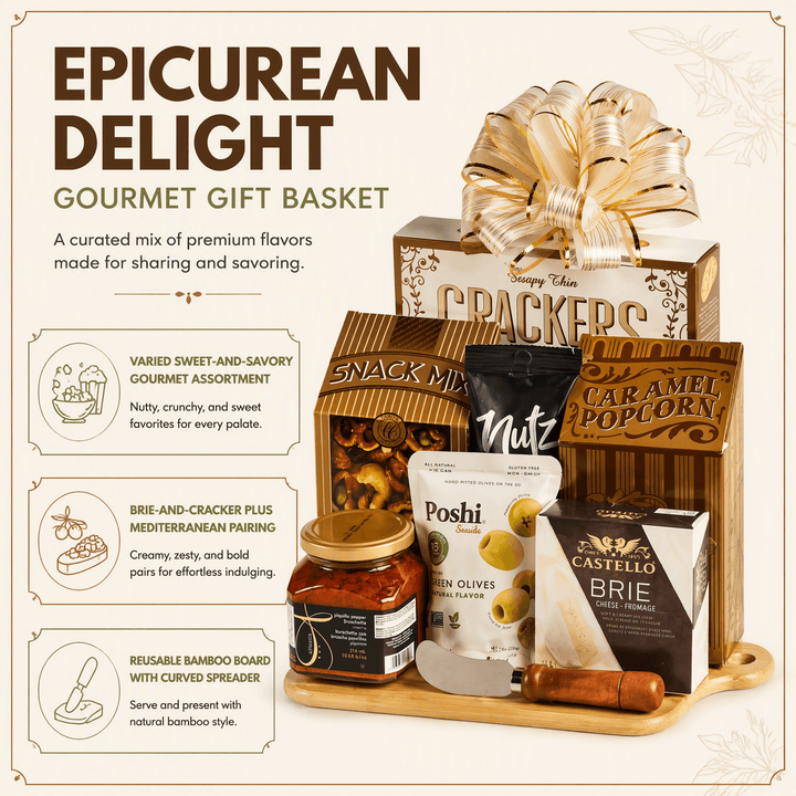 Epicurean Delight Gourmet Gift Basket featuring snacks, cheese, caramel popcorn, and a bamboo cutting board.