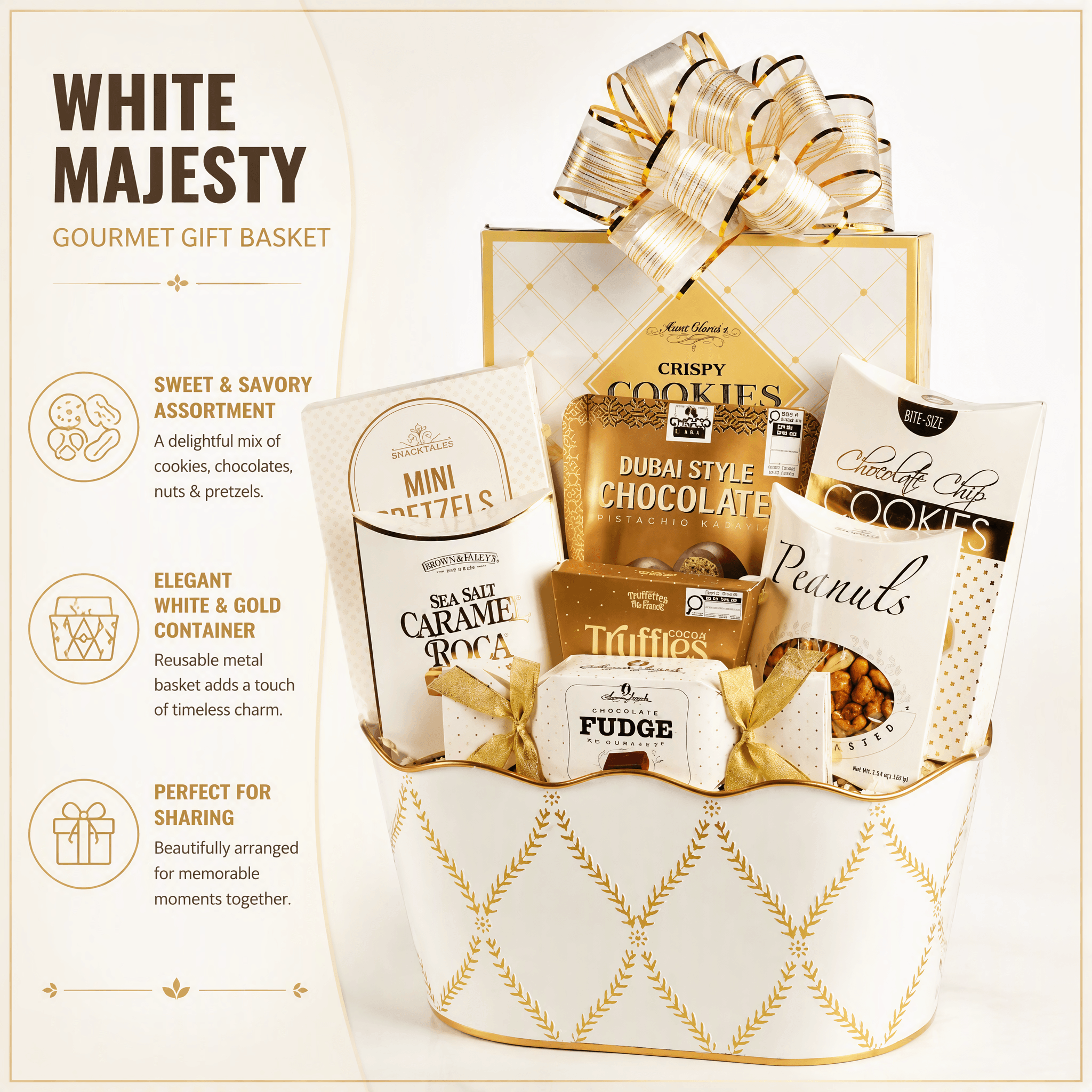White Majesty Gourmet Gift Basket featuring assorted cookies, chocolates, pretzels, and caramel treats in an elegant container.