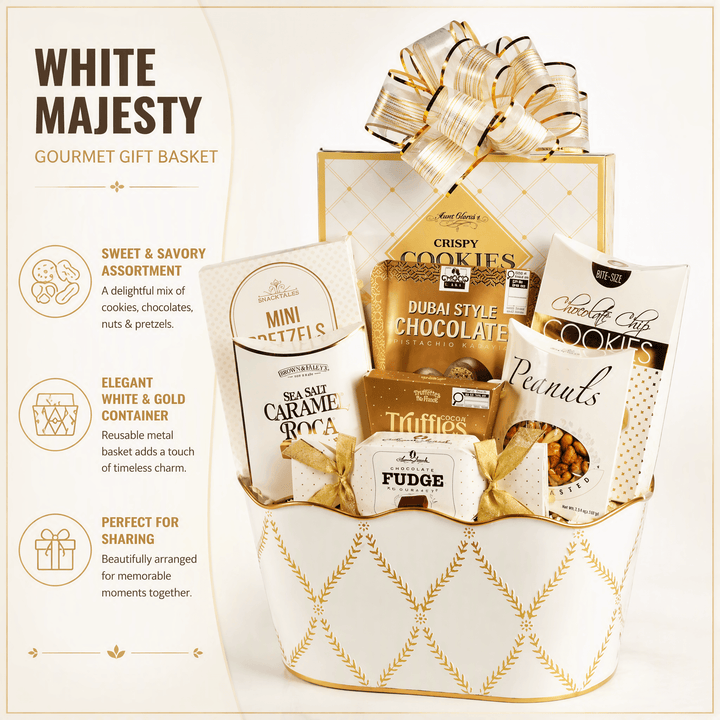White Majesty Gourmet Gift Basket featuring assorted cookies, chocolates, pretzels, and caramel treats in an elegant container.