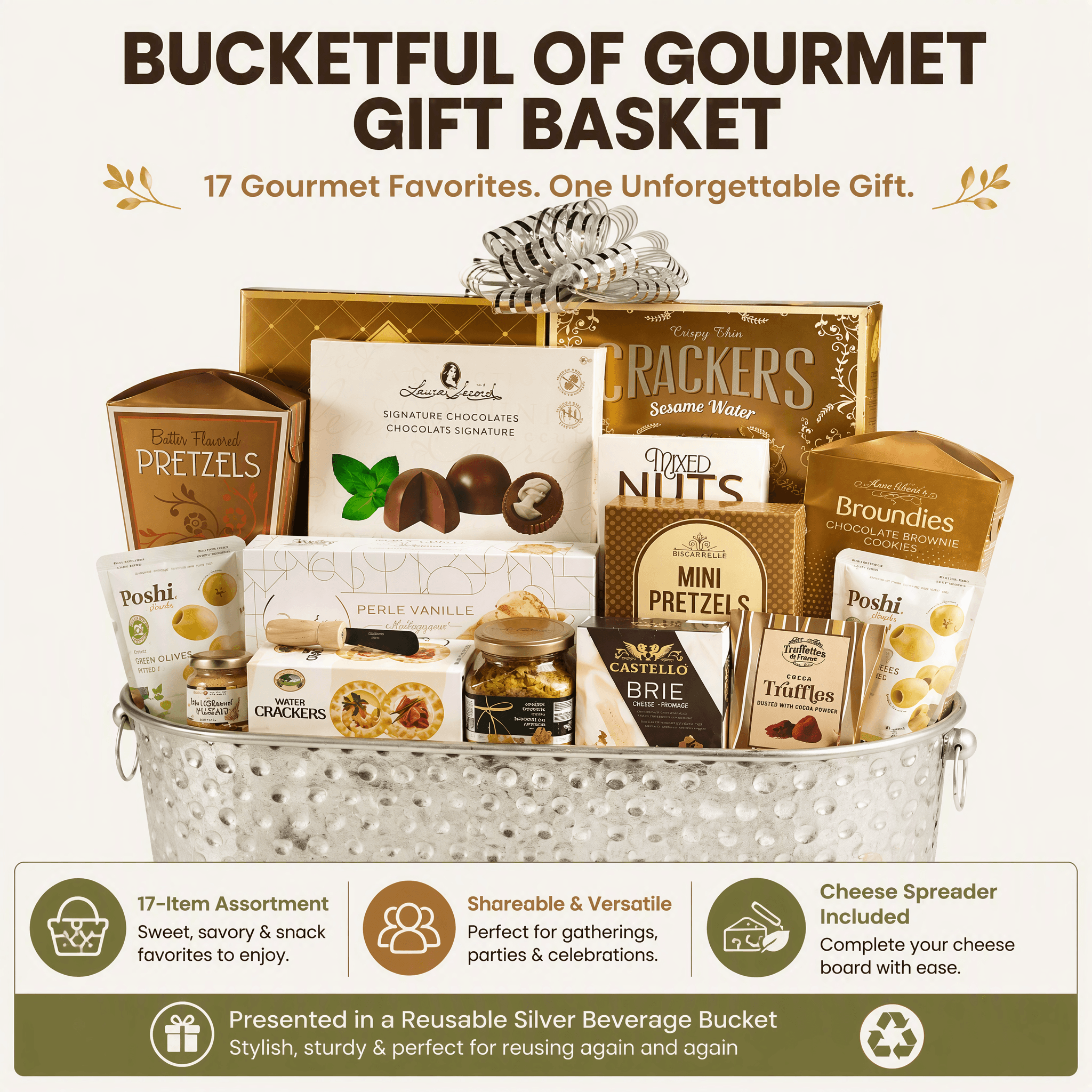 Bucketful of Gourmet Gift Basket filled with 17 gourmet favorites in a reusable silver beverage bucket.