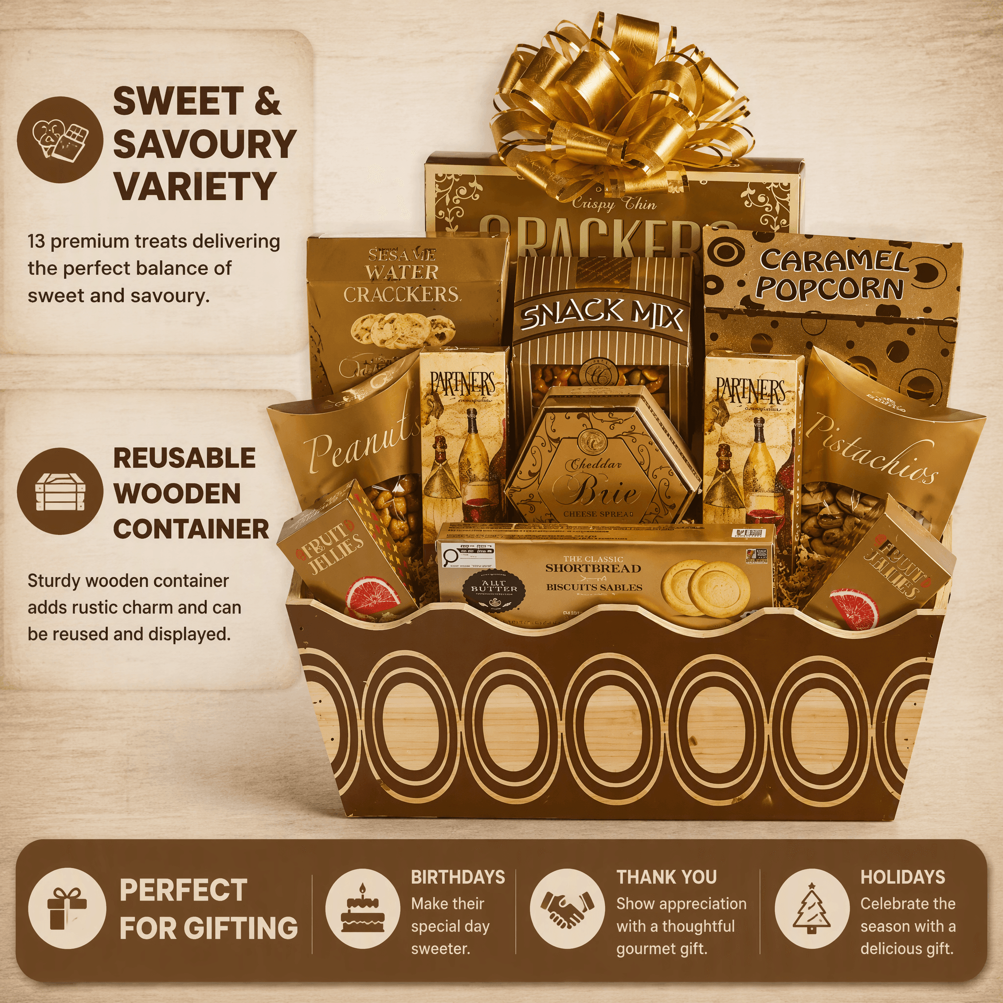 Woodland Gourmet Gift Basket filled with sweet and savoury treats in a reusable wooden container.