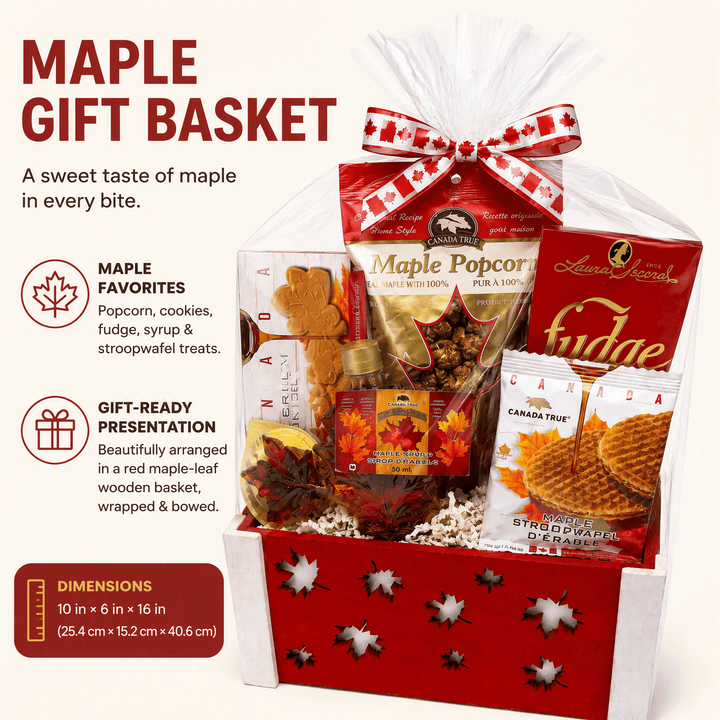 Canadiana Small Gift Basket featuring maple popcorn, fudge, and treats in a gift-ready red wooden basket.