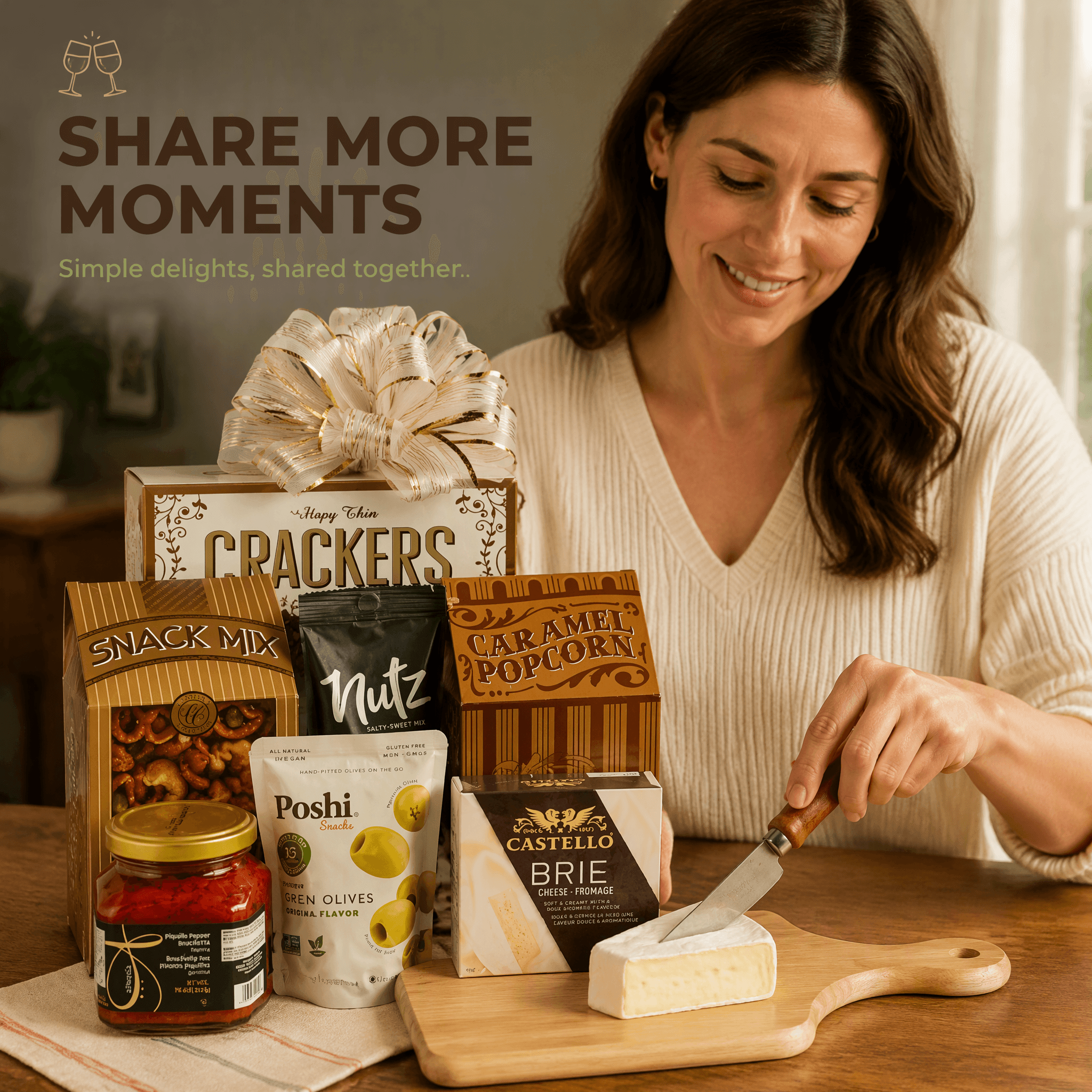 Epicurean Delight Gourmet Gift Basket with brie cheese, crackers, snack mix, caramel popcorn, and olives.