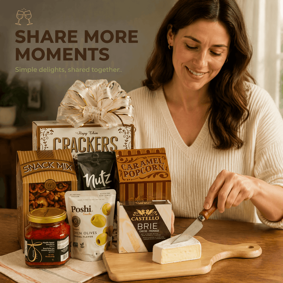 Epicurean Delight Gourmet Gift Basket with brie cheese, crackers, snack mix, caramel popcorn, and olives.