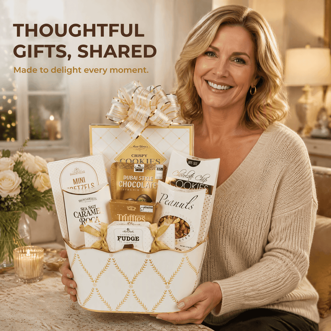 White Majesty Gourmet Gift Basket presented with a smiling woman, featuring cookies, pretzels, and chocolates.