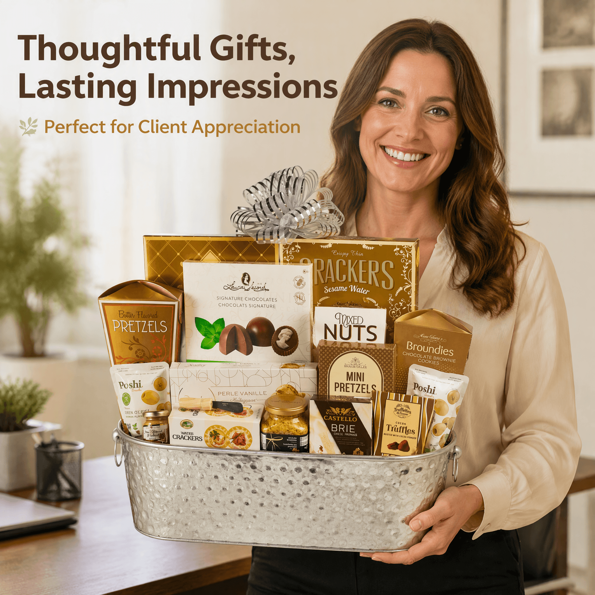 A woman holding a Bucketful of Gourmet Gift Basket filled with sweets and snacks for client appreciation.