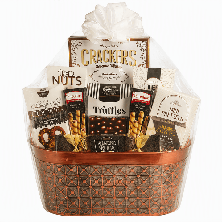 Luxe Crunch Gourmet Gift Basket filled with cheese, crackers, nuts, cookies, truffles, and pretzels in an elegant design.