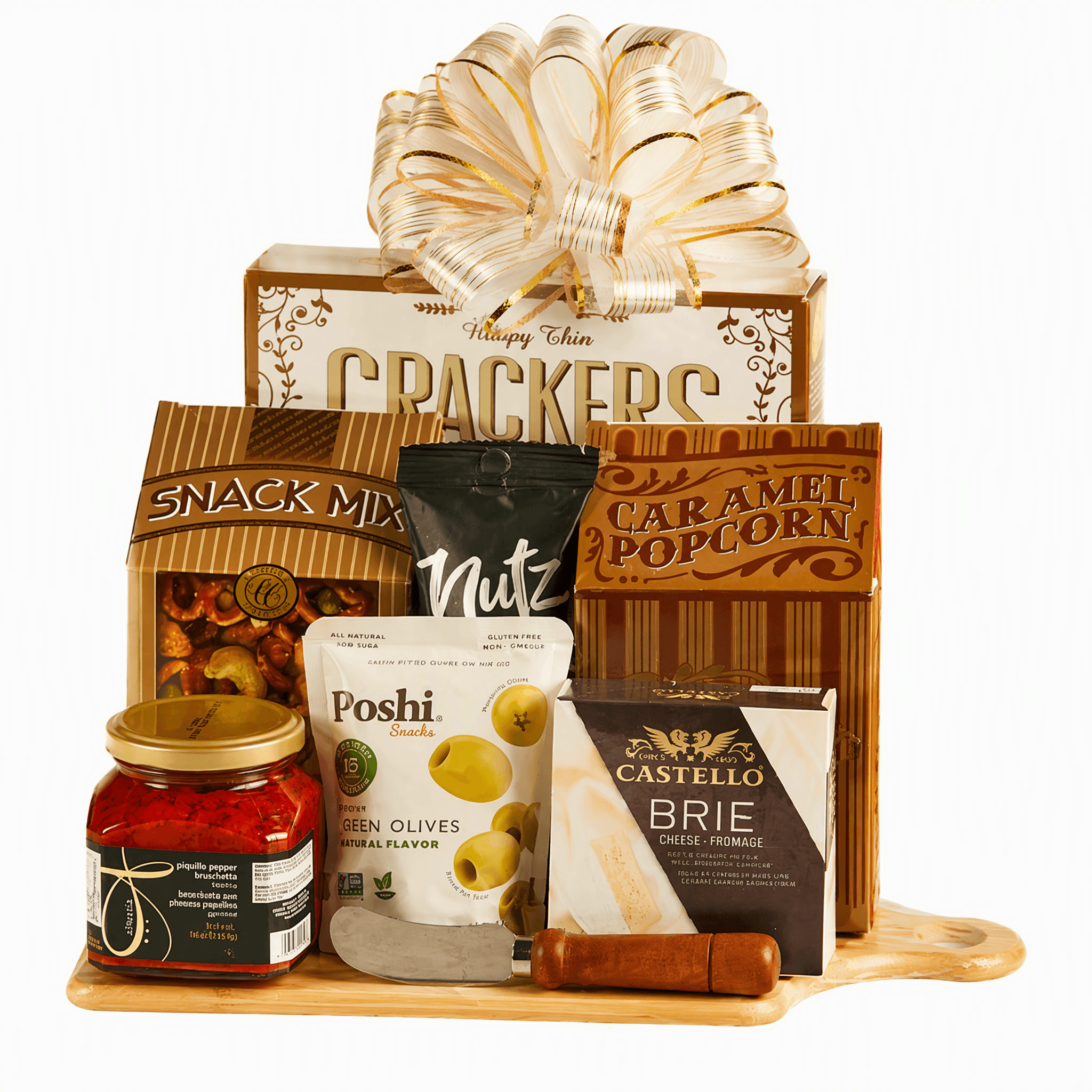 Epicurean Delight Gourmet Gift Basket featuring gourmet snacks, cheese, olives, and a bamboo cutting board.