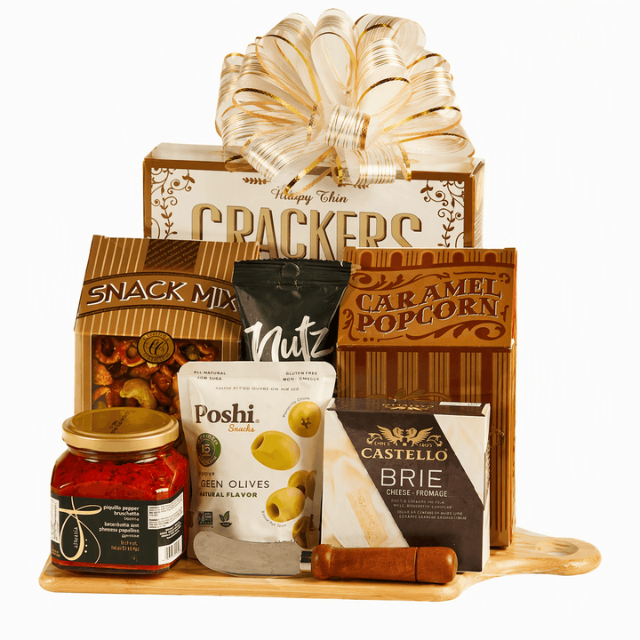 Epicurean Delight Gourmet Gift Basket featuring gourmet snacks, cheese, olives, and a bamboo cutting board.