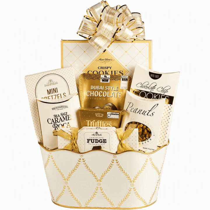 White Majesty Gourmet Gift Basket featuring cookies, chocolates, pretzels, and truffles in a white-and-gold container.