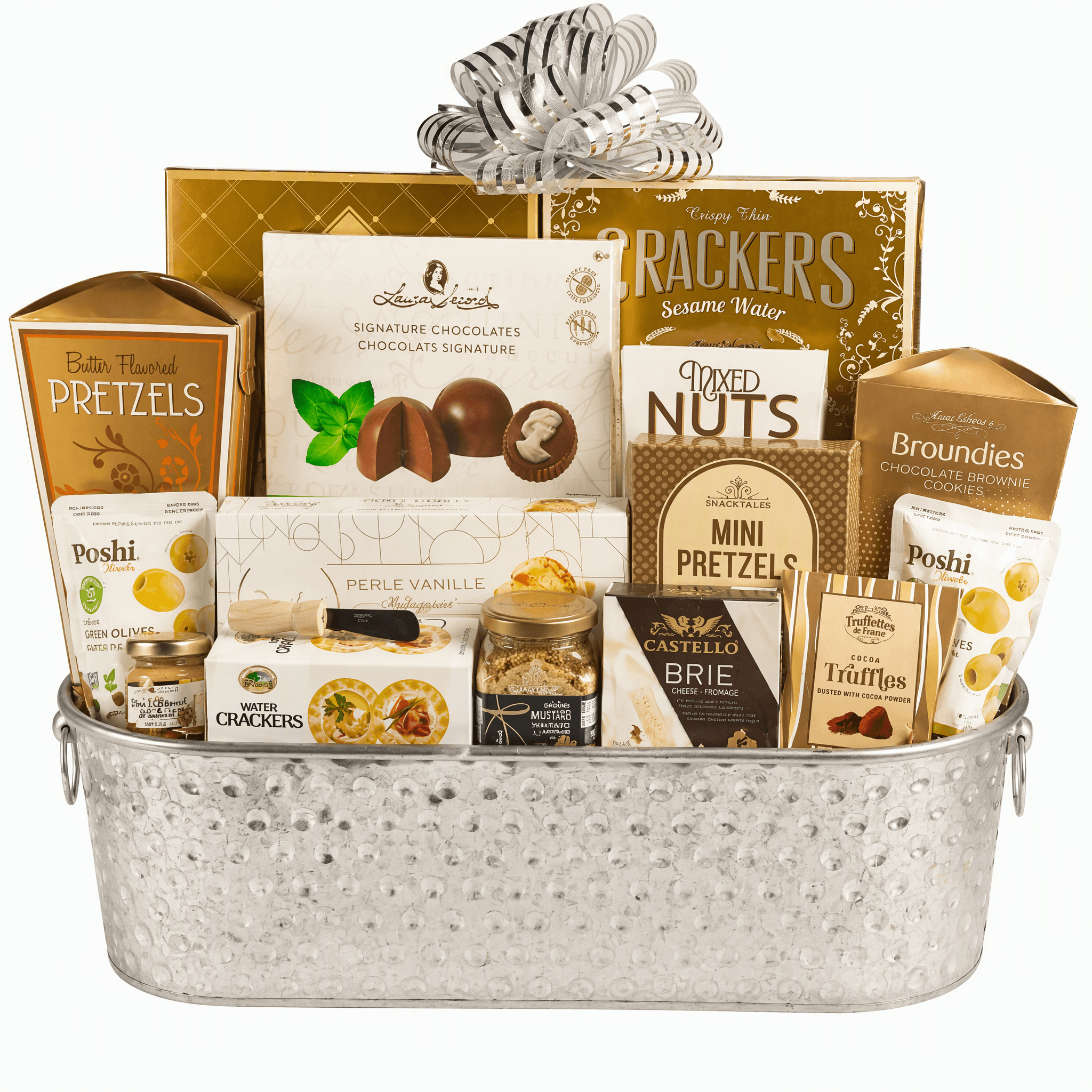 Bucketful of Gourmet Gift Basket with assorted snacks in a silver bucket, including cheese, crackers, and chocolates.