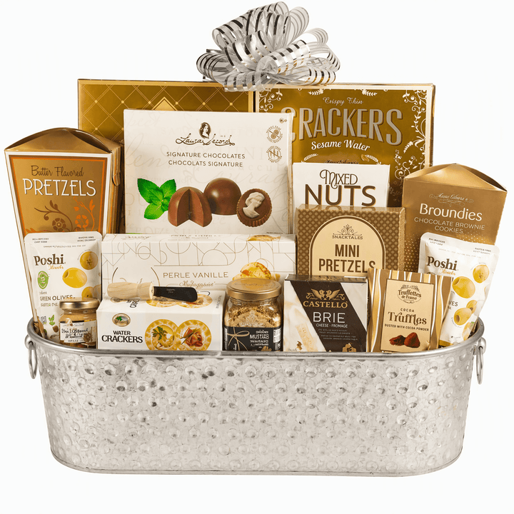 Bucketful of Gourmet Gift Basket with assorted snacks in a silver bucket, including cheese, crackers, and chocolates.