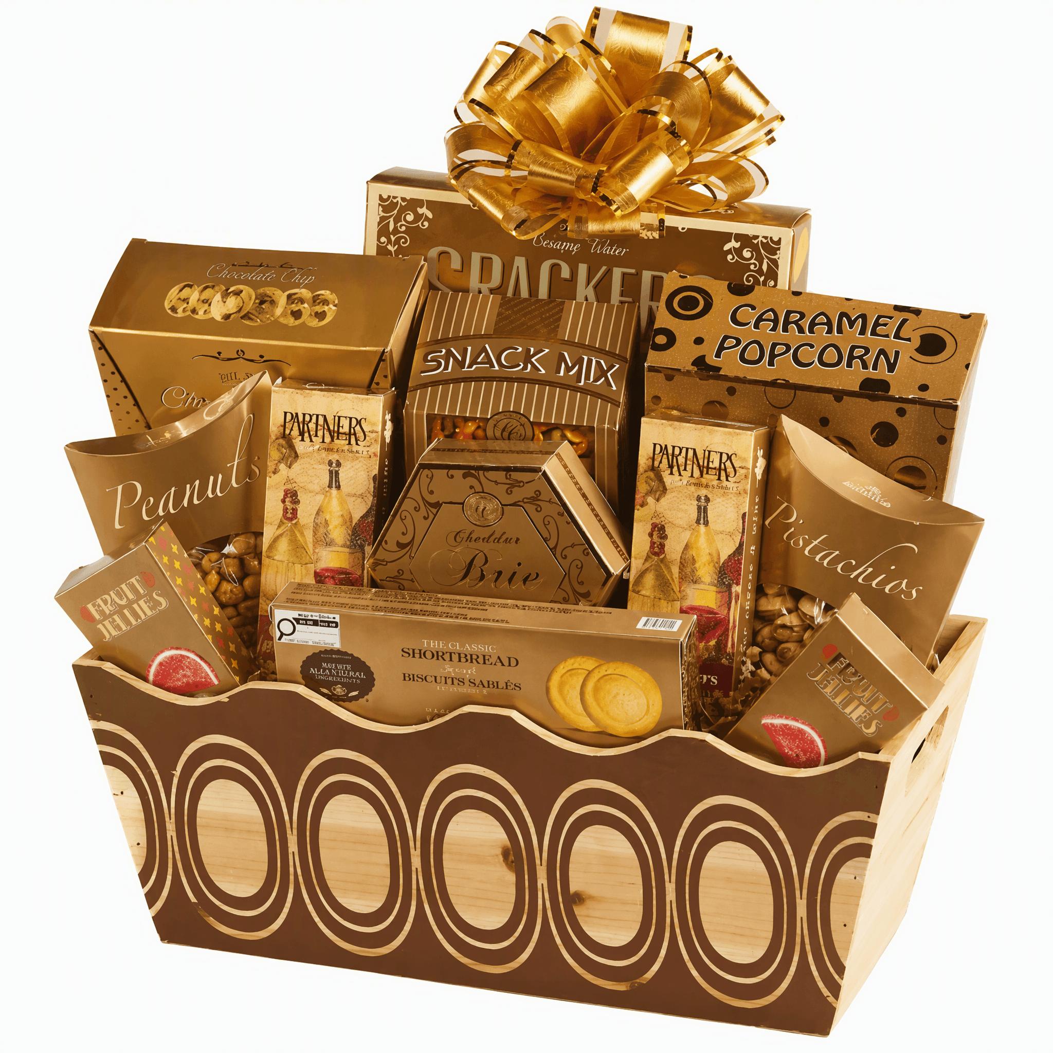 Woodland Gourmet Gift Basket filled with crackers, cheese spread, cookies, and caramel popcorn.