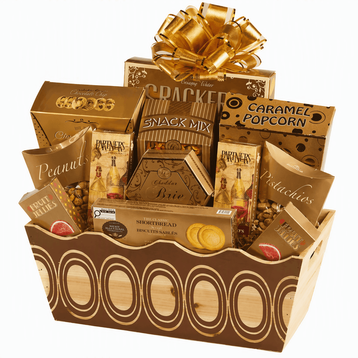 Woodland Gourmet Gift Basket filled with crackers, cheese spread, cookies, and caramel popcorn.