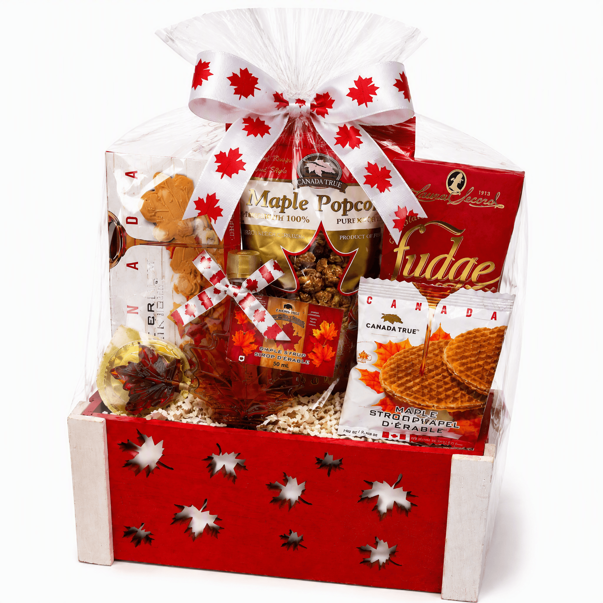 Canadiana Small Gift Basket filled with Canadian maple treats, including maple popcorn, fudge, and cookies.