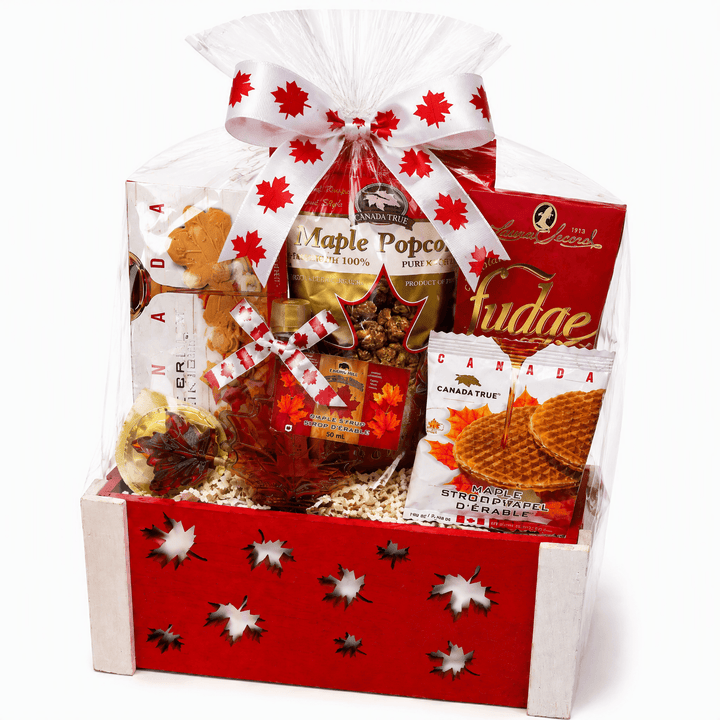 Canadiana Small Gift Basket filled with Canadian maple treats, including maple popcorn, fudge, and cookies.