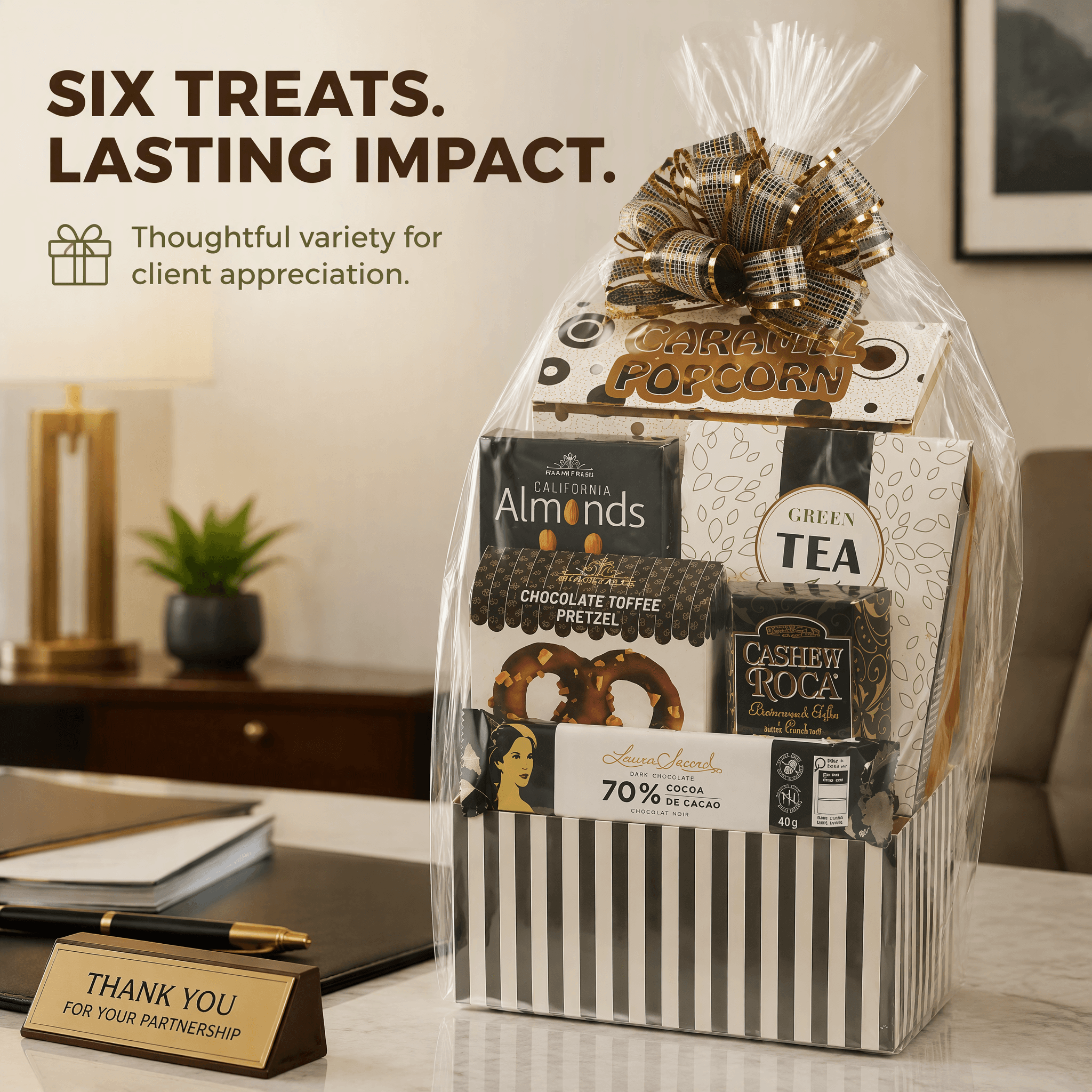 Bon Appétit Gourmet Gift Basket showcasing six gourmet treats for client appreciation.