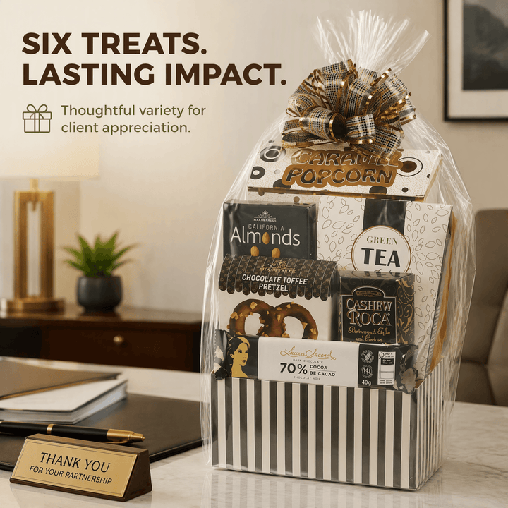 Bon Appétit Gourmet Gift Basket showcasing six gourmet treats for client appreciation.