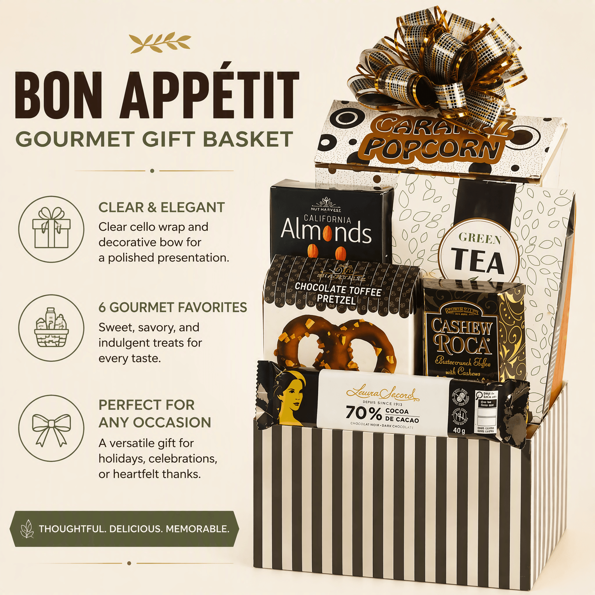 Bon Appétit Gourmet Gift Basket featuring premium snacks and elegant presentation.