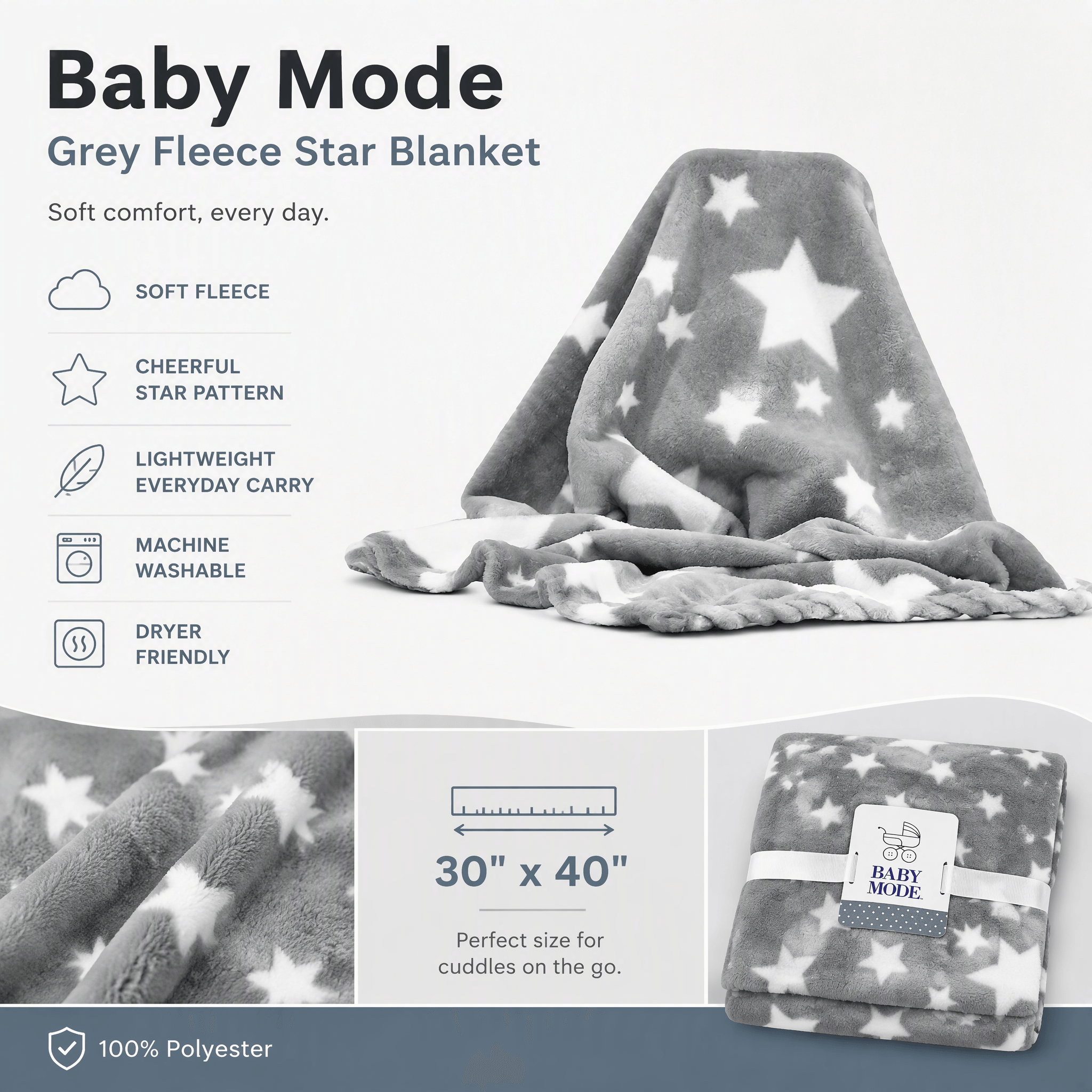 Baby Mode Grey Fleece Star Blanket – Soft Baby & Stroller Blanket