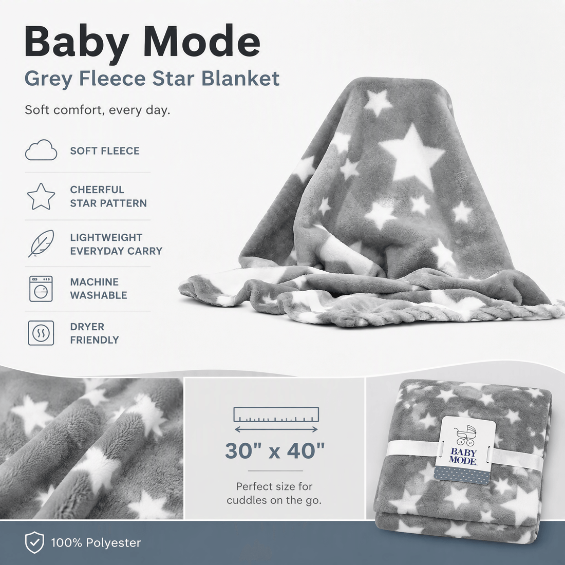 Baby Mode Grey Fleece Star Blanket – Soft Baby & Stroller Blanket
