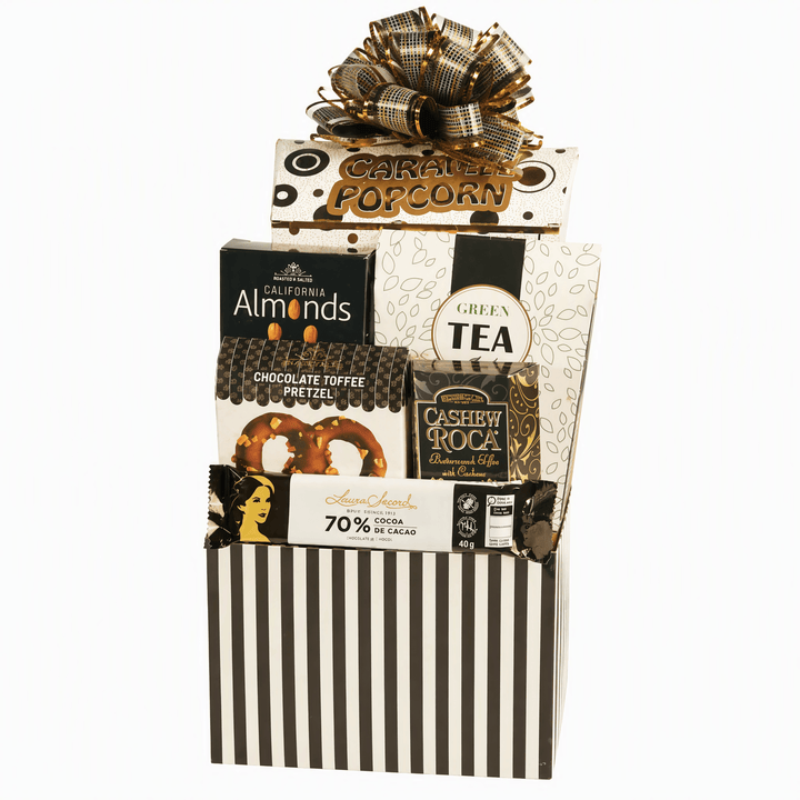 Bon Appétit Gourmet Gift Basket featuring caramel popcorn, almonds, tea, and chocolate treats.