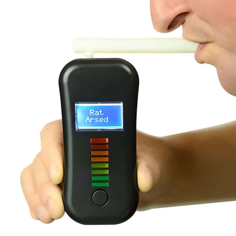 Person using a breathalyzer with a humorous display on a white background